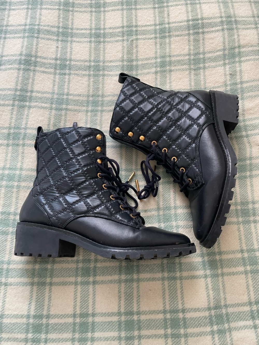 Tory Burch Black Quilted Lace-Up Combat Boots with Gold Hardware